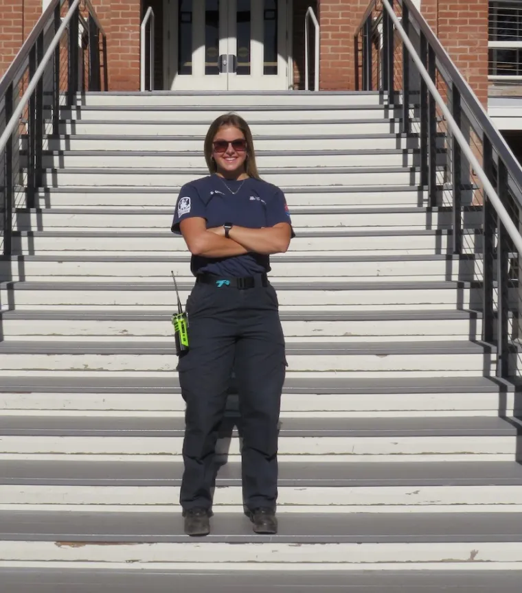 Savannah in front of stairs